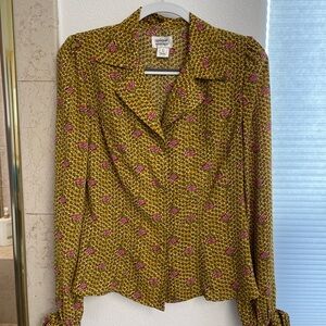 Unique Vintage Button Down Mustard Blouse with Pink Rose Pattern